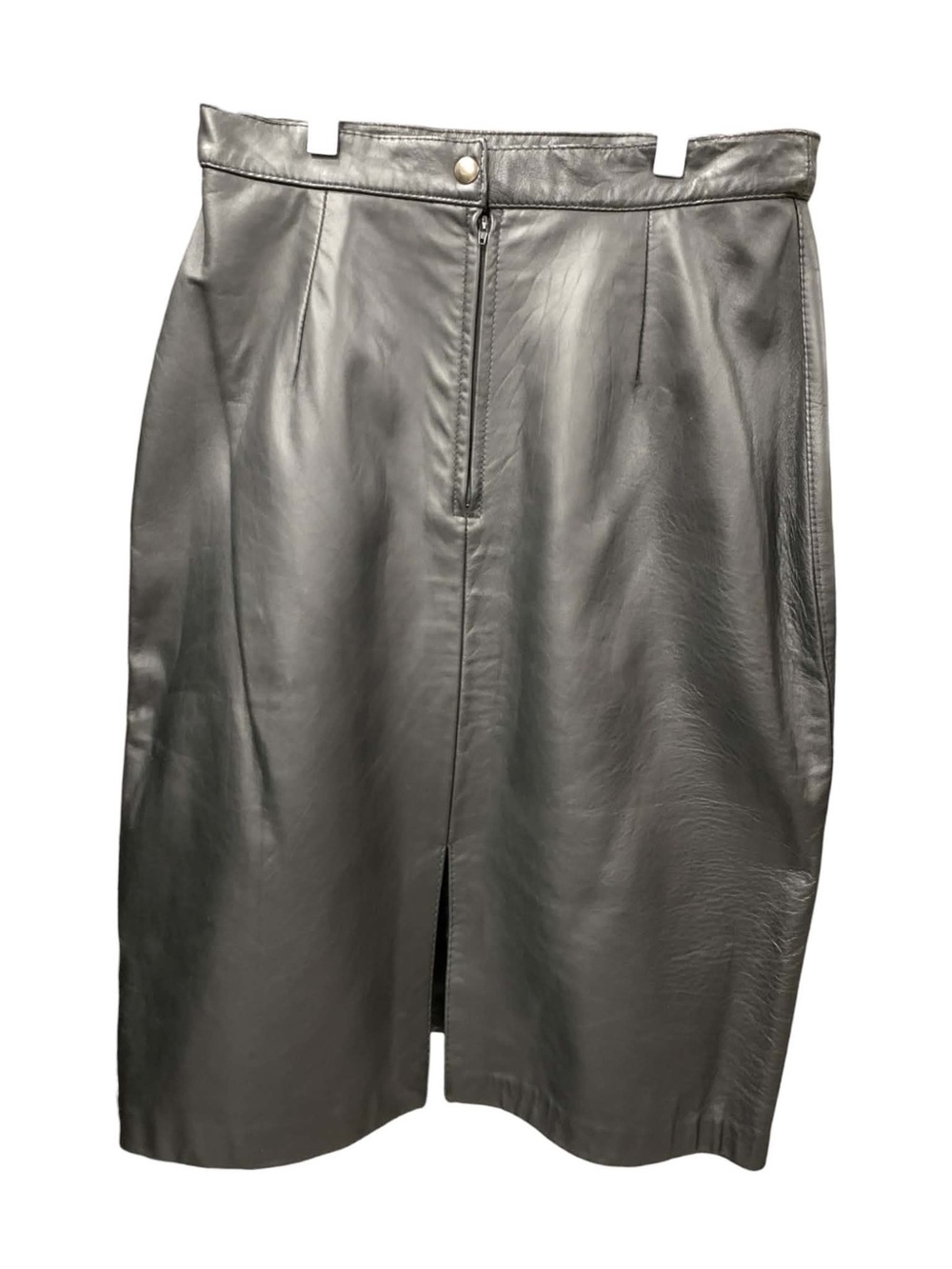 Black Leather Midi Skirt - Sleek Front Zip Design Size L